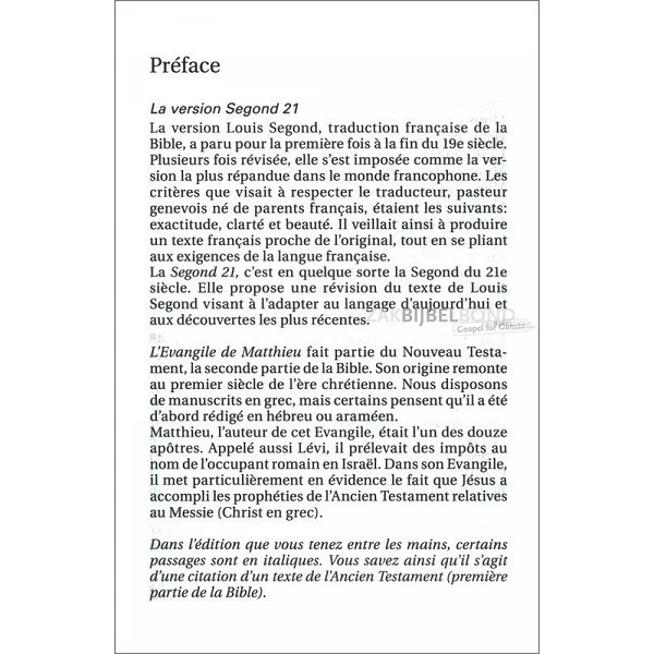 Frans Mattheüs-evangelie, Louis Segond 21 vertaling, paperback